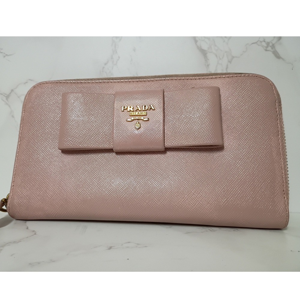 PRADA Light Pink Saffiano Leather Bow Zip-Around Wallet